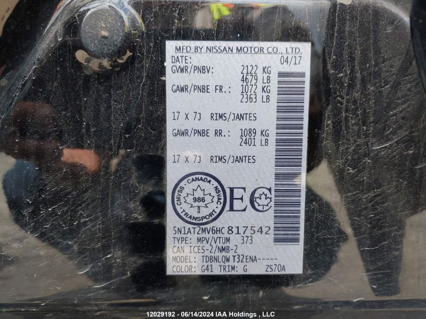 2017 Nissan Rogue VIN: 5N1AT2MV6HC817542 Lot: 12029192