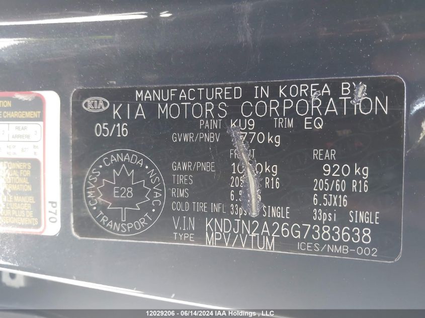 2016 Kia Soul VIN: KNDJN2A26G7383638 Lot: 12029206