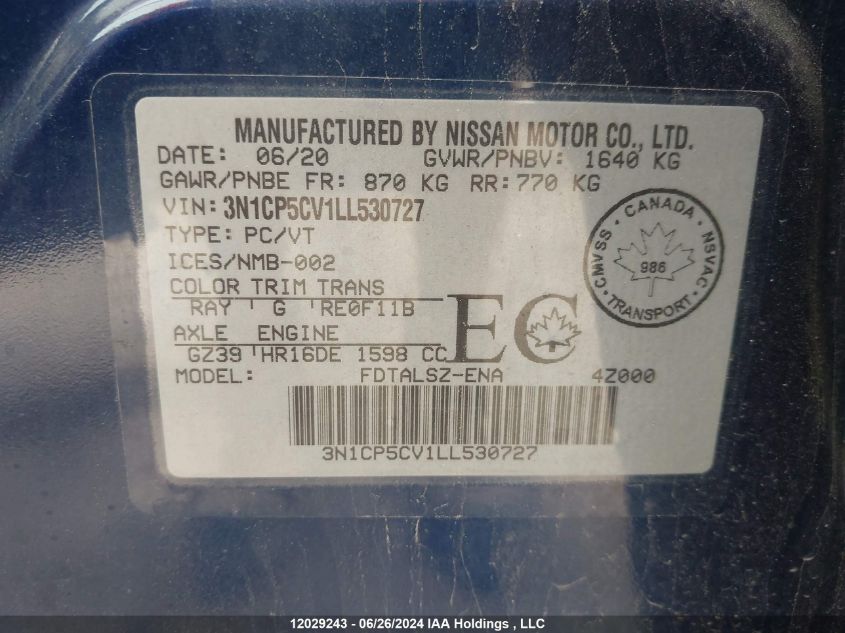 2020 Nissan Kicks VIN: 3N1CP5CV1LL530727 Lot: 12029243