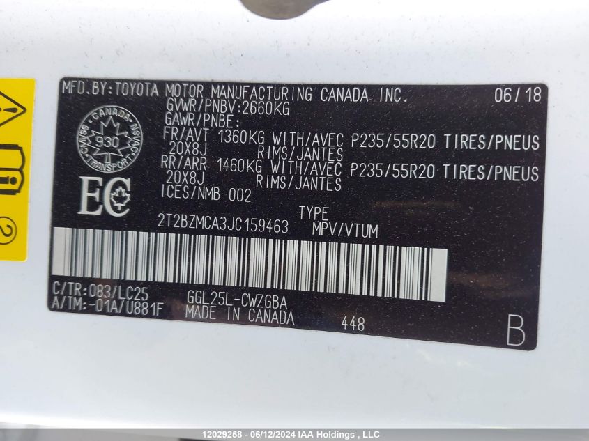 2018 Lexus Rx 350/Base/F Sport VIN: 2T2BZMCA3JC159463 Lot: 12029258