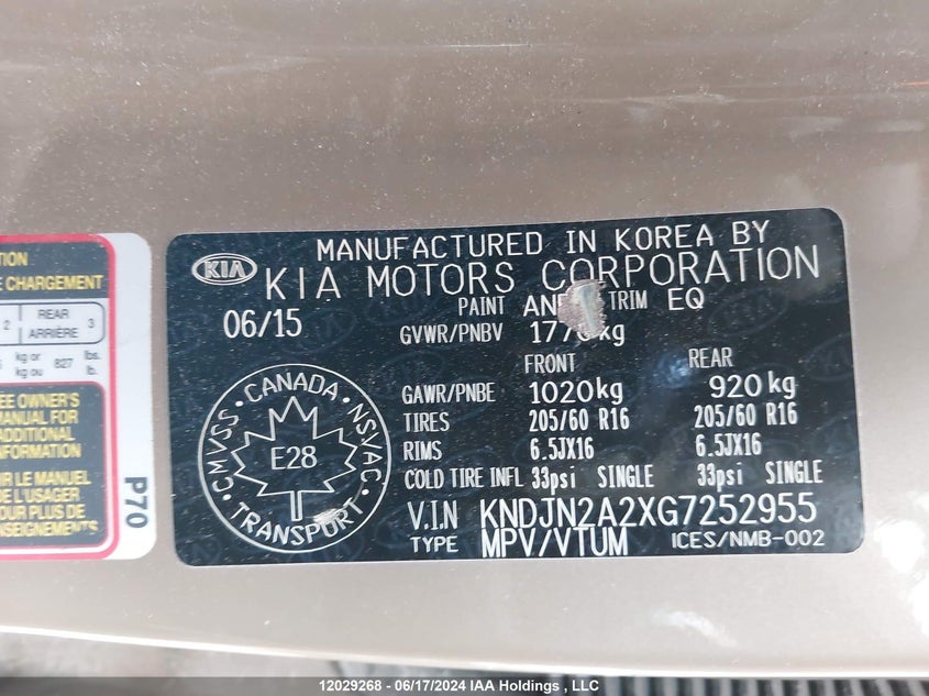 2016 Kia Soul VIN: KNDJN2A2XG7252955 Lot: 12029268