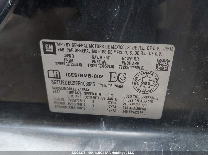 2014 GMC Sierra 1500 VIN: 3GTU2UEC5EG106985 Lot: 12029278