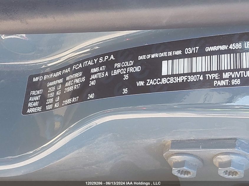 2017 Jeep Renegade Trailhawk VIN: ZACCJBCB3HPF39074 Lot: 12029286