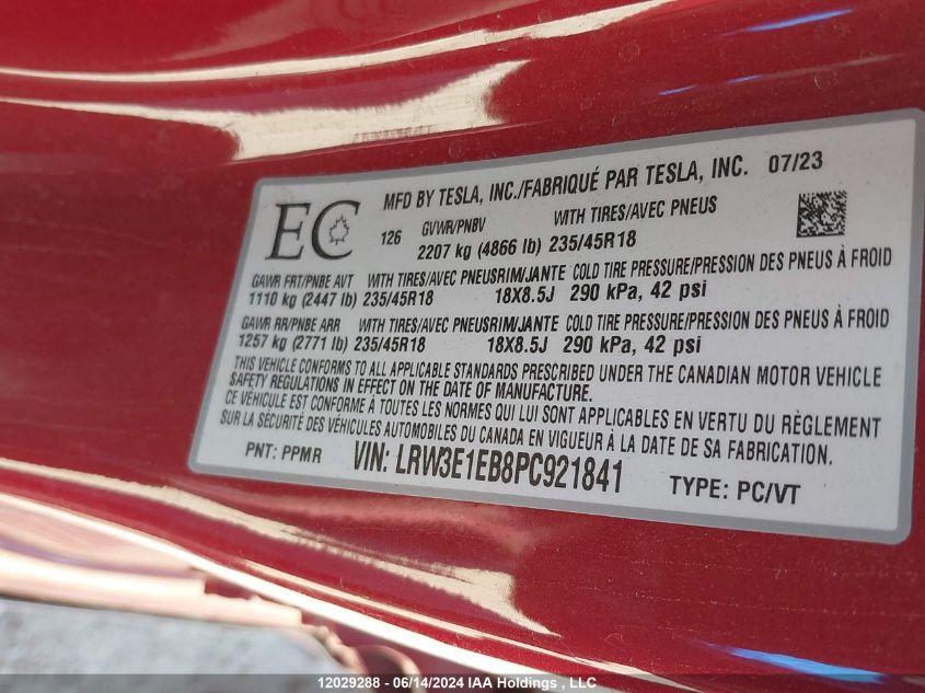 2023 Tesla Model 3 VIN: LRW3E1EB8PC921841 Lot: 12029288