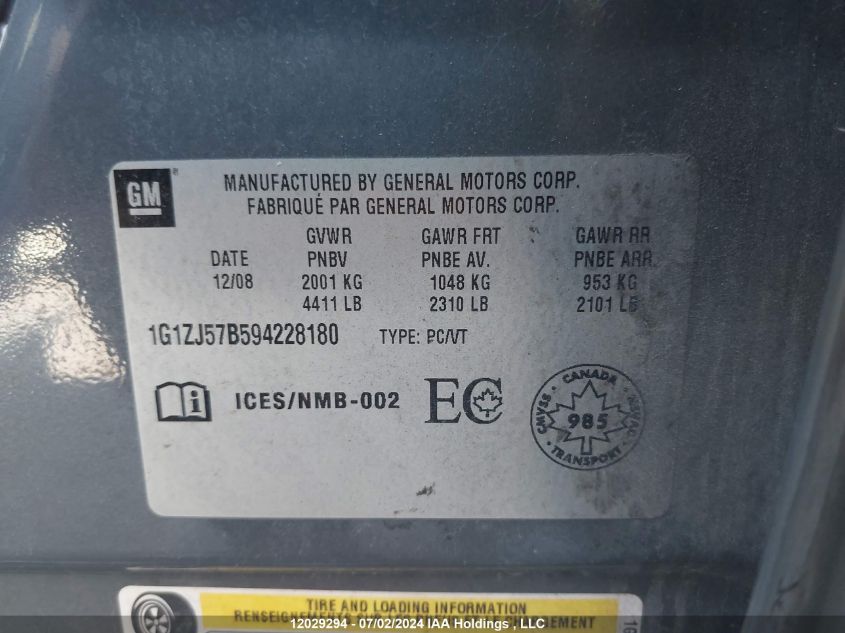 2009 Chevrolet Malibu VIN: 1G1ZJ57B594228180 Lot: 12029294