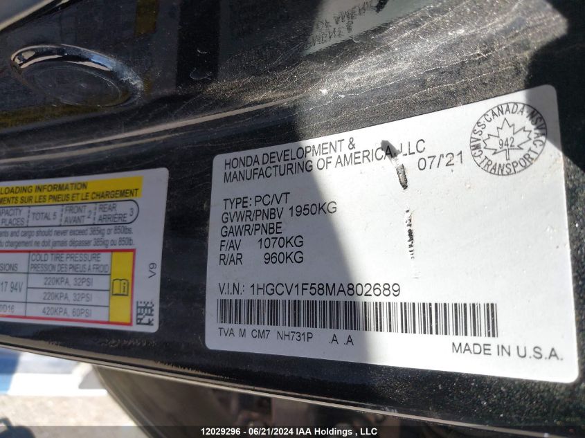 2021 Honda Accord Sedan VIN: 1HGCV1F58MA802689 Lot: 12029296