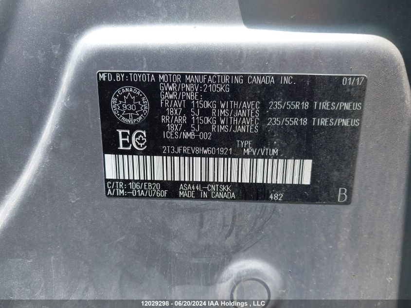 2017 Toyota Rav4 VIN: 2T3JFREV8HW601921 Lot: 12029298