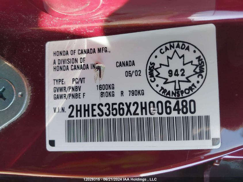 2002 Acura El VIN: 2HHES356X2H006480 Lot: 12029315