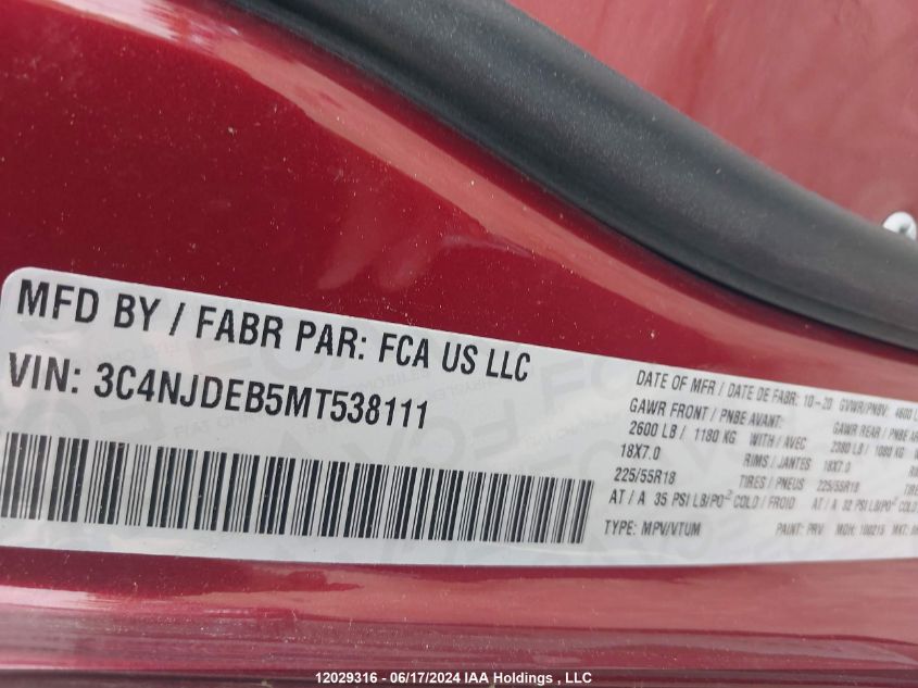 2021 Jeep Compass Altitude VIN: 3C4NJDEB5MT538111 Lot: 12029316