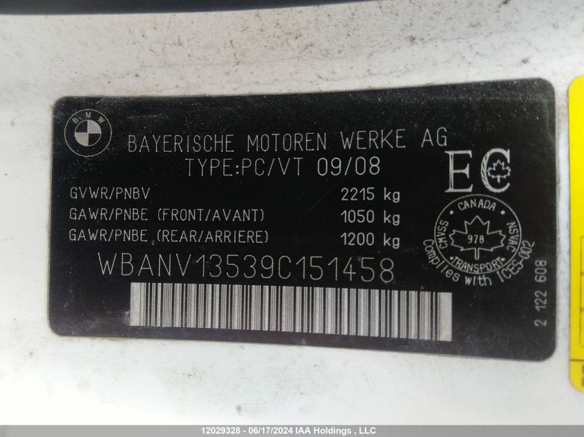 2009 BMW 5 Series VIN: WBANV13539C151458 Lot: 12029328
