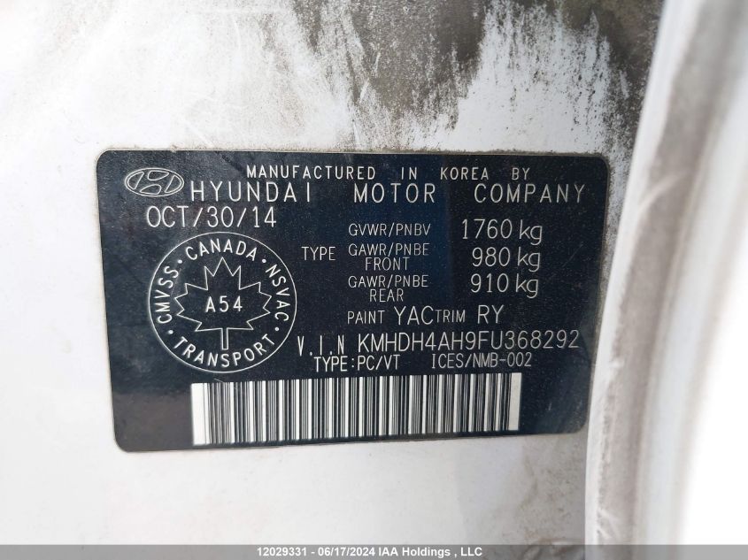 2015 Hyundai Elantra Limited VIN: KMHDH4AH9FU368292 Lot: 12029331