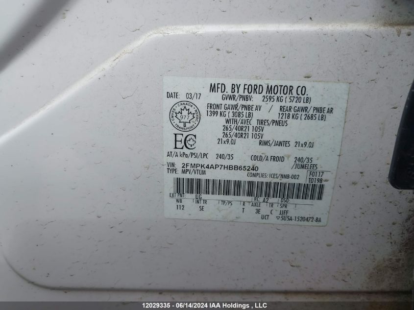 2017 Ford Edge Sport VIN: 2FMPK4AP7HBB65240 Lot: 12029335