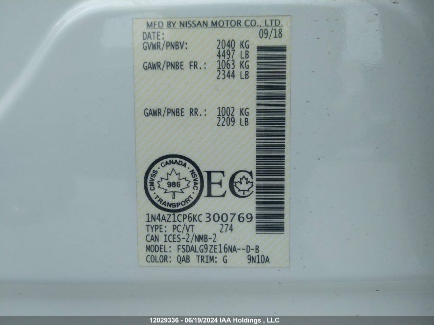 2019 Nissan Leaf VIN: 1N4AZ1CP6KC300769 Lot: 12029336