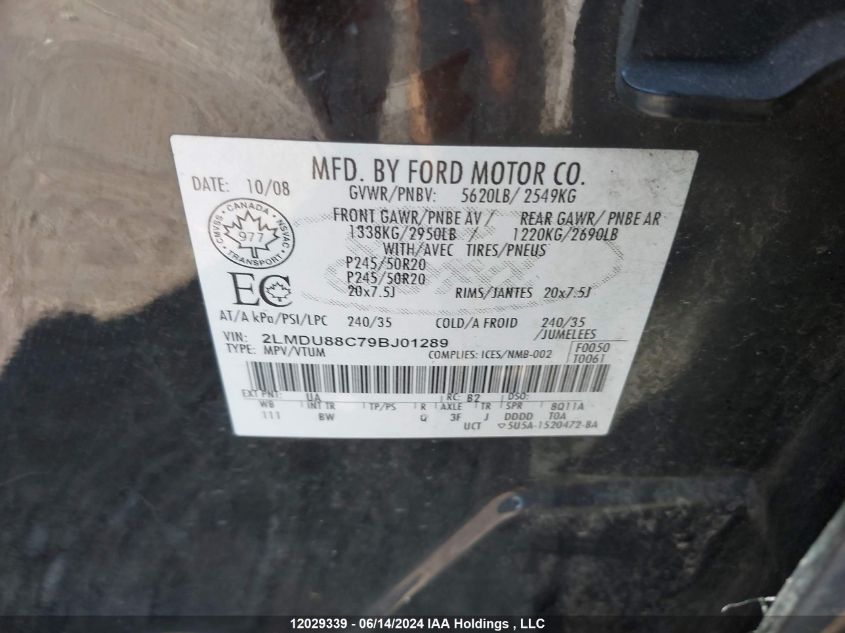 2009 Lincoln Mkx VIN: 2LMDU88C79BJ01289 Lot: 12029339