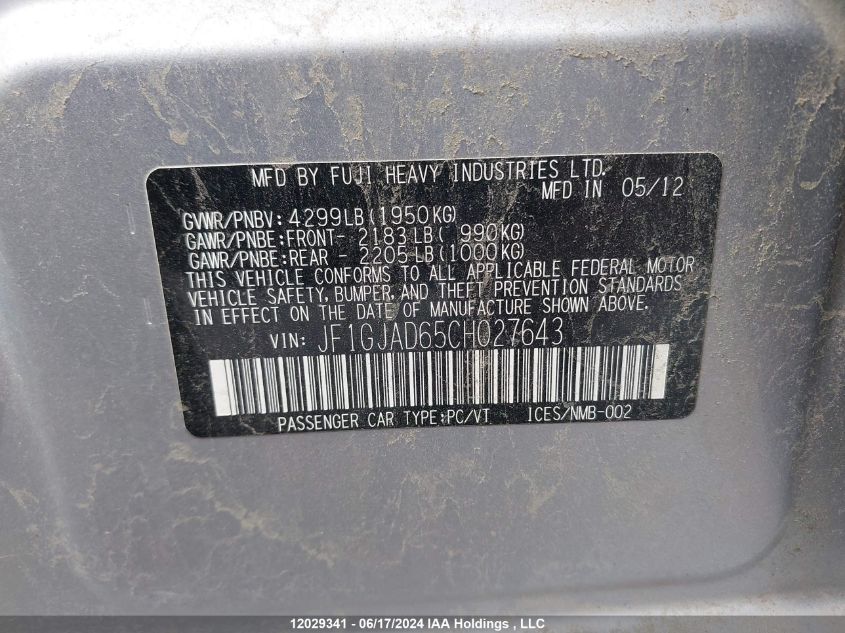 2012 Subaru Impreza Premium VIN: JF1GJAD65CH027643 Lot: 12029341