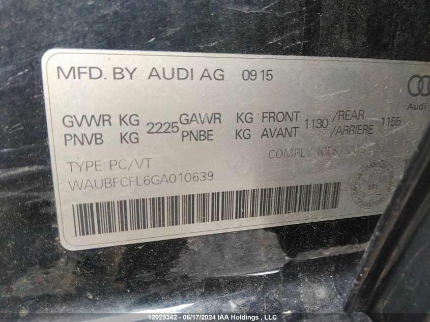 2016 Audi A4 Komfort Plus VIN: WAUBFCFL6GA010639 Lot: 12029342