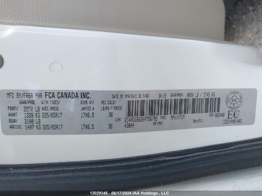 2019 Dodge Grand Caravan VIN: 2C4RDGBG2KR756789 Lot: 12029345