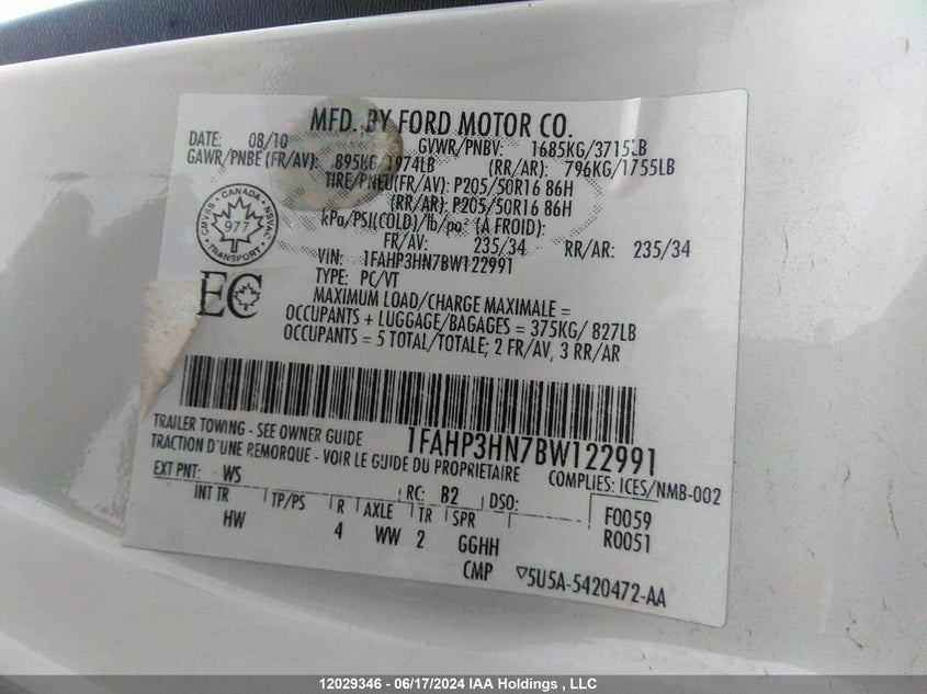 2011 Ford Focus VIN: 1FAHP3HN7BW122991 Lot: 12029346