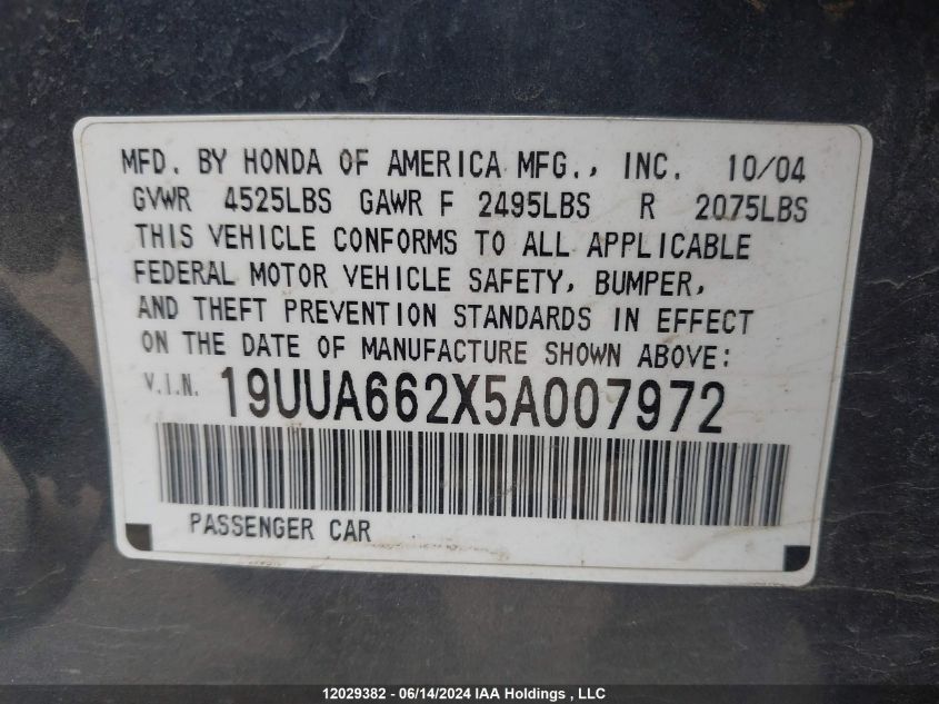 2005 Acura Tl VIN: 19UUA662X5A007972 Lot: 12029382