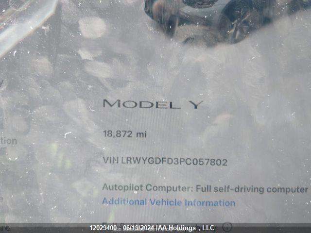 2023 Tesla Model Y VIN: LRWYGDFD3PC057802 Lot: 12029400