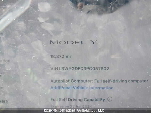 2023 Tesla Model Y VIN: LRWYGDFD3PC057802 Lot: 12029400