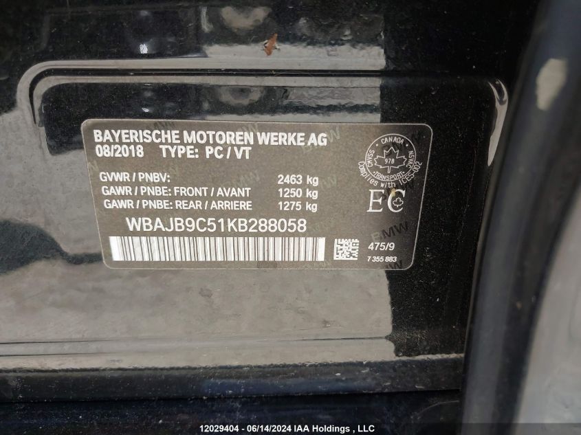 2019 BMW M550Xi VIN: WBAJB9C51KB288058 Lot: 12029404