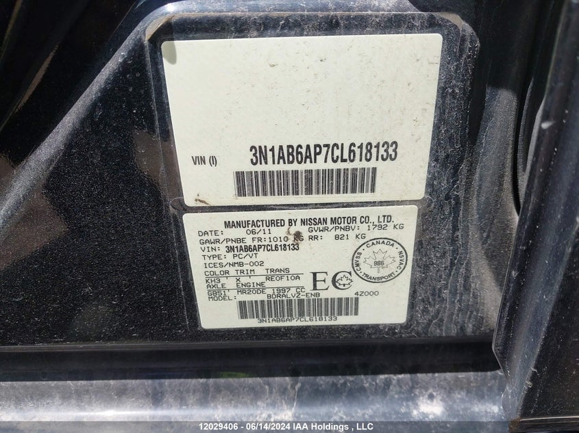 2012 Nissan Sentra VIN: 3N1AB6AP7CL618133 Lot: 12029406