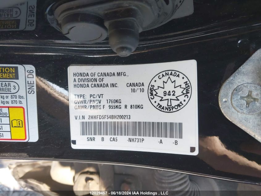 2011 Acura Csx VIN: 2HHFD5F54BH200213 Lot: 12029457