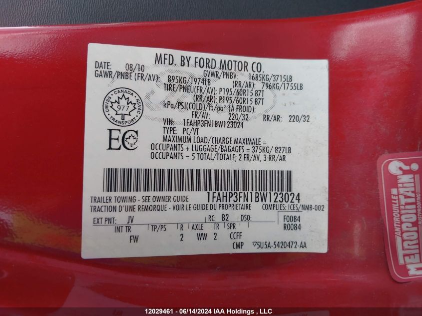 2011 Ford Focus Se VIN: 1FAHP3FN1BW123024 Lot: 12029461