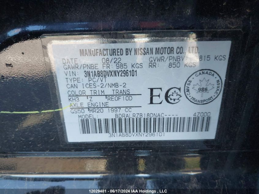 2022 Nissan Sentra VIN: 3N1AB8DVXNY296101 Lot: 12029481