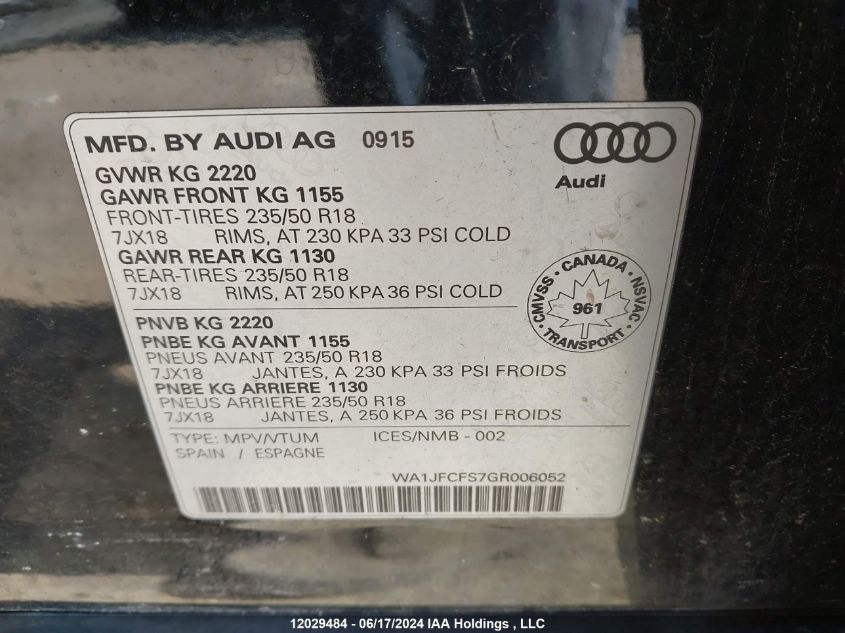 2016 Audi Q3 VIN: WA1JFCFS7GR006052 Lot: 12029484