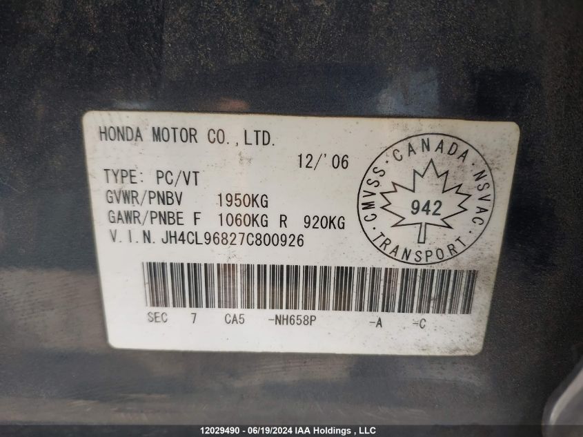 2007 Acura Tsx VIN: JH4CL96827C800926 Lot: 12029490