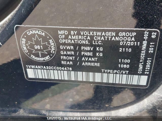 2012 Volkswagen Passat VIN: 1VWAN7A32CC004476 Lot: 12029515