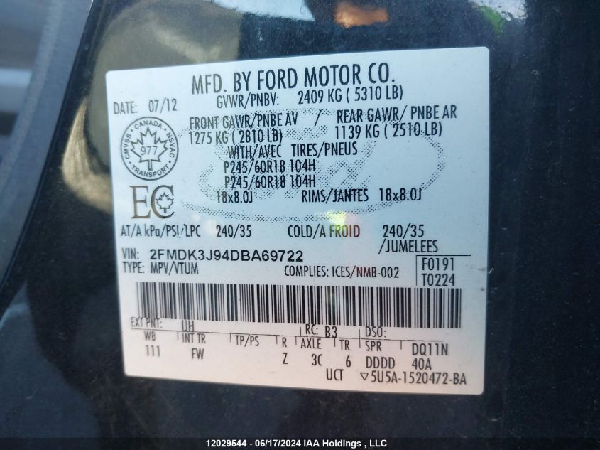 2013 Ford Edge Sel VIN: 2FMDK3J94DBA69722 Lot: 12029544