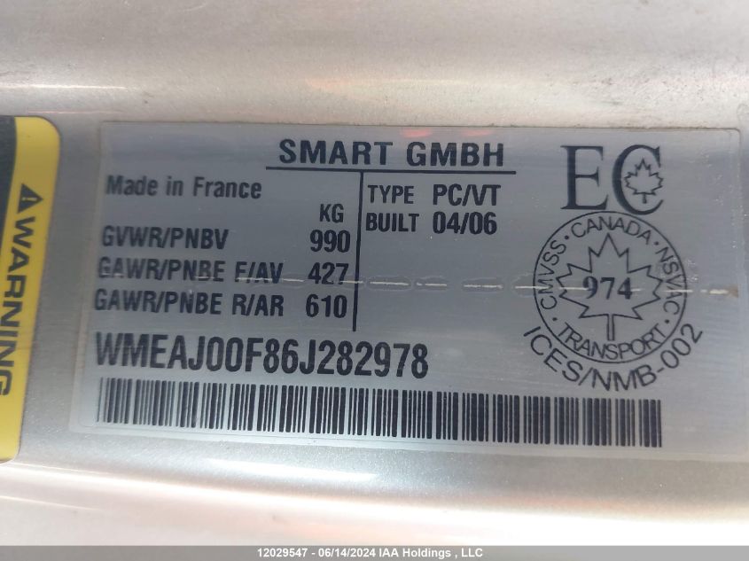 2006 Smart Fortwo VIN: WMEAJ00F86J282978 Lot: 12029547