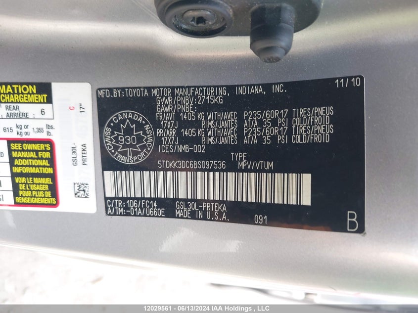 2011 Toyota Sienna Le VIN: 5TDKK3DC6BS097536 Lot: 12029561