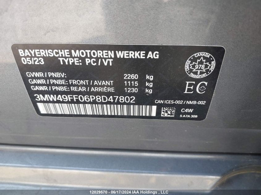 2023 BMW 3 Series VIN: 3MW49FF06P8D47802 Lot: 12029570