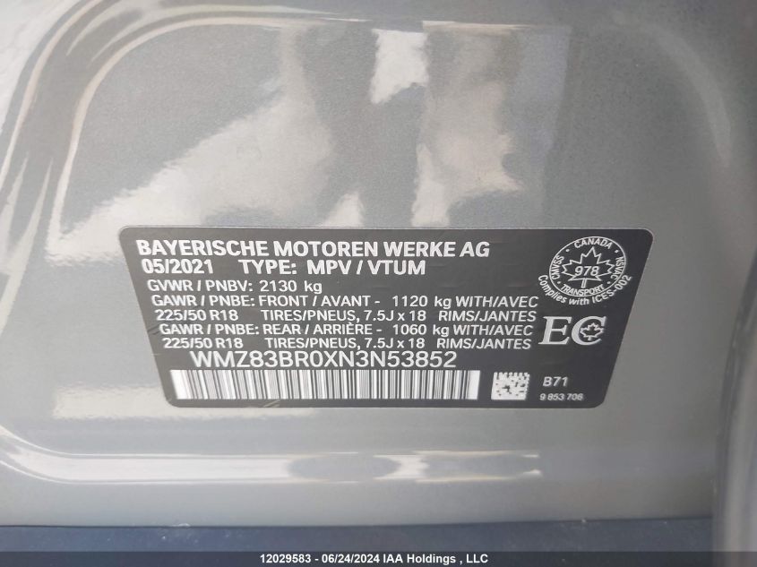 2022 Mini Cooper VIN: WMZ83BR0XN3N53852 Lot: 12029583