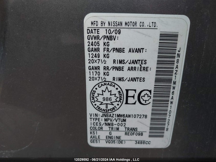 2010 Nissan Murano Le VIN: JN8AZ1MW6AW107278 Lot: 12029592