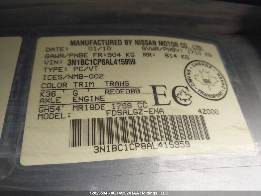 2010 Nissan Versa S/Sl VIN: 3N1BC1CP8AL415959 Lot: 12029594