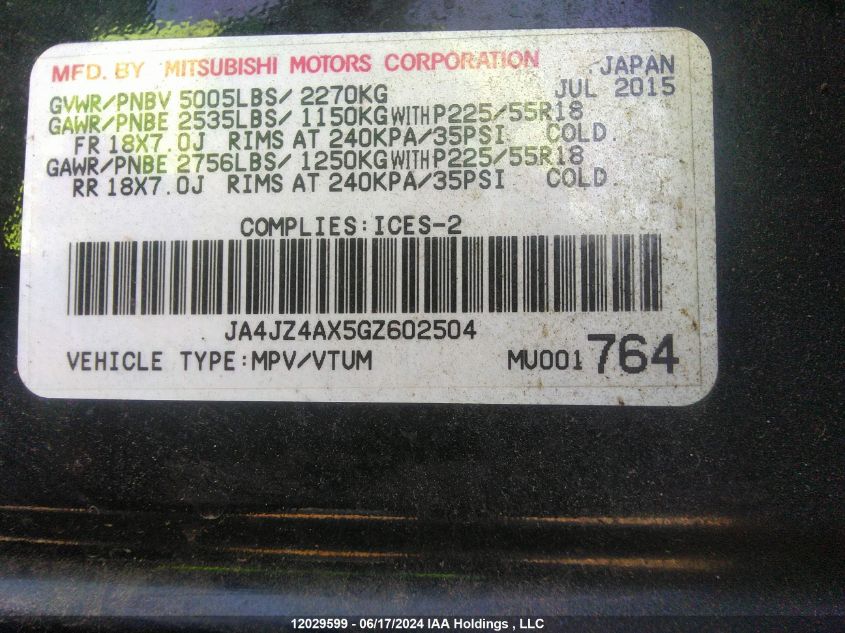 2016 Mitsubishi Outlander VIN: JA4JZ4AX5GZ602504 Lot: 12029599