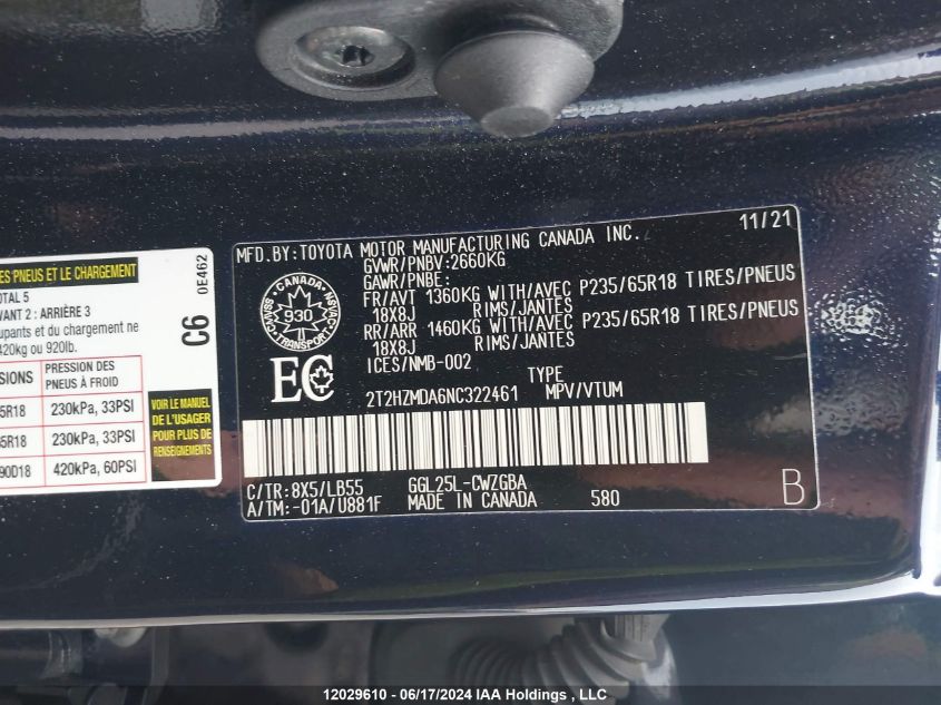 2022 Lexus Rx 350 VIN: 2T2HZMDA6NC322461 Lot: 12029610