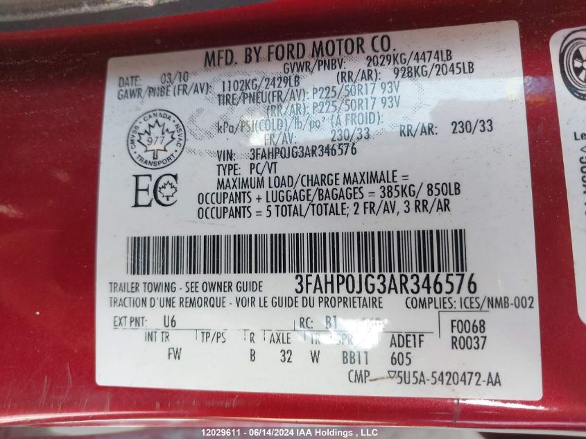 2010 Ford Fusion Sel VIN: 3FAHP0JG3AR346576 Lot: 12029611