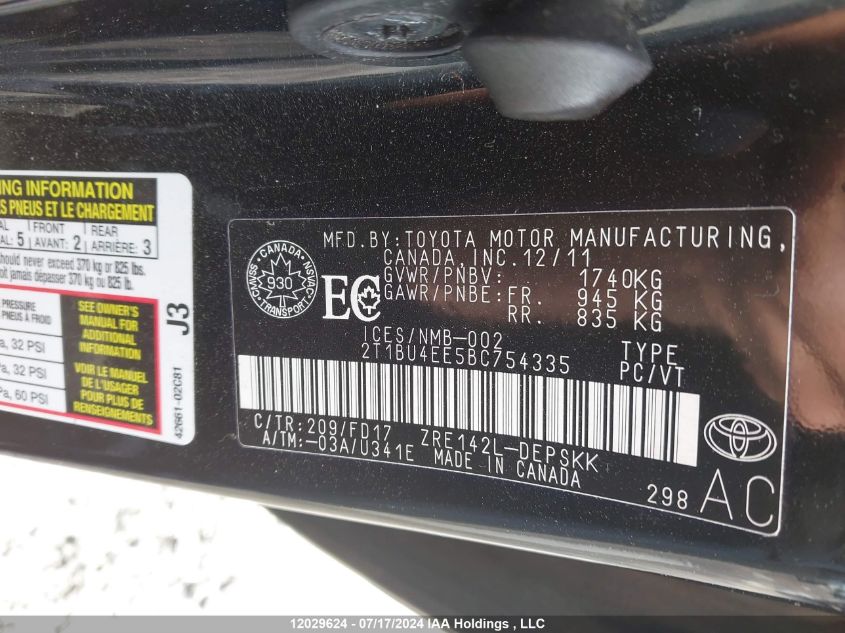 2011 Toyota Corolla S/Le VIN: 2T1BU4EE5BC754335 Lot: 12029624