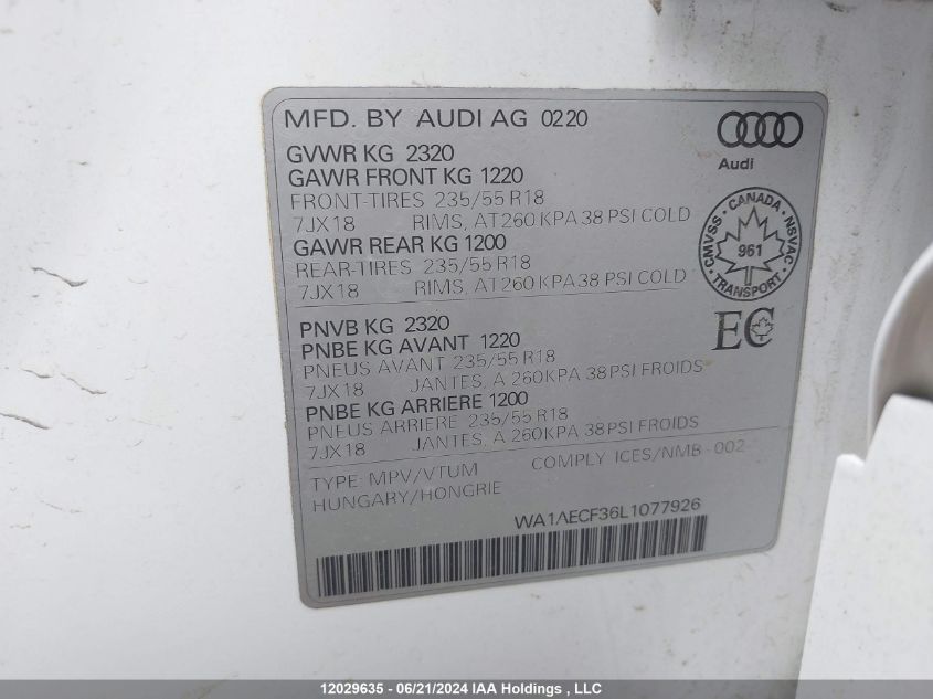 2020 Audi Q3 Premium VIN: WA1AECF36L1077926 Lot: 12029635