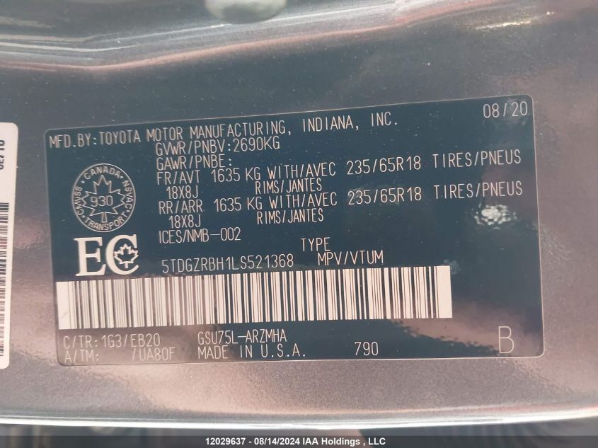 2020 Toyota Highlander Xle VIN: 5TDGZRBH1LS521368 Lot: 12029637