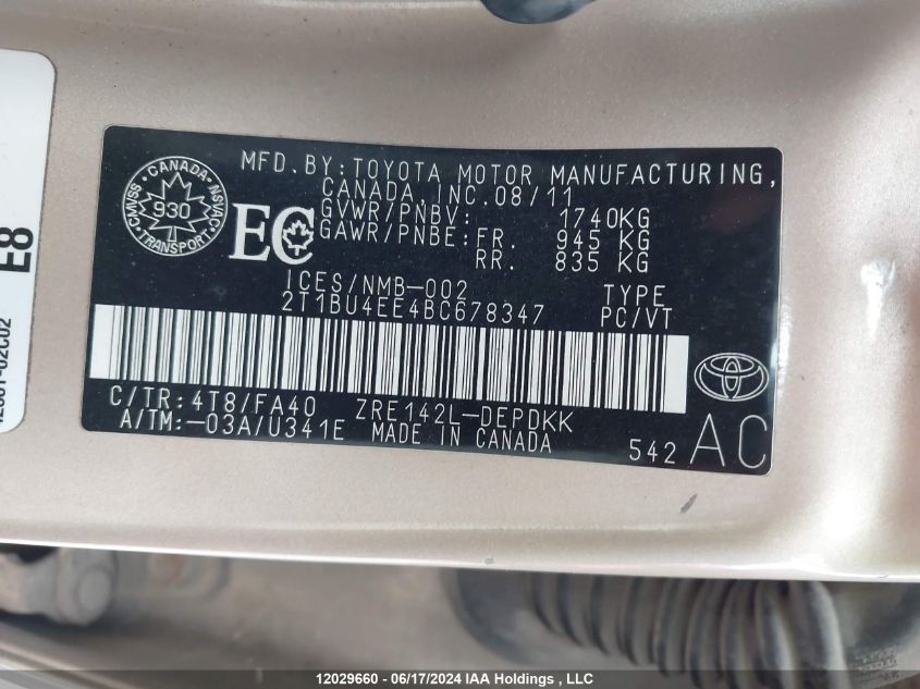 2011 Toyota Corolla S/Le VIN: 2T1BU4EE4BC678347 Lot: 12029660