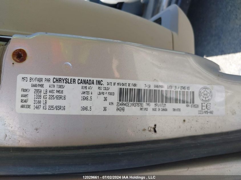 2010 Dodge Grand Caravan Se VIN: 2D4RN4DE1AR378781 Lot: 12029661