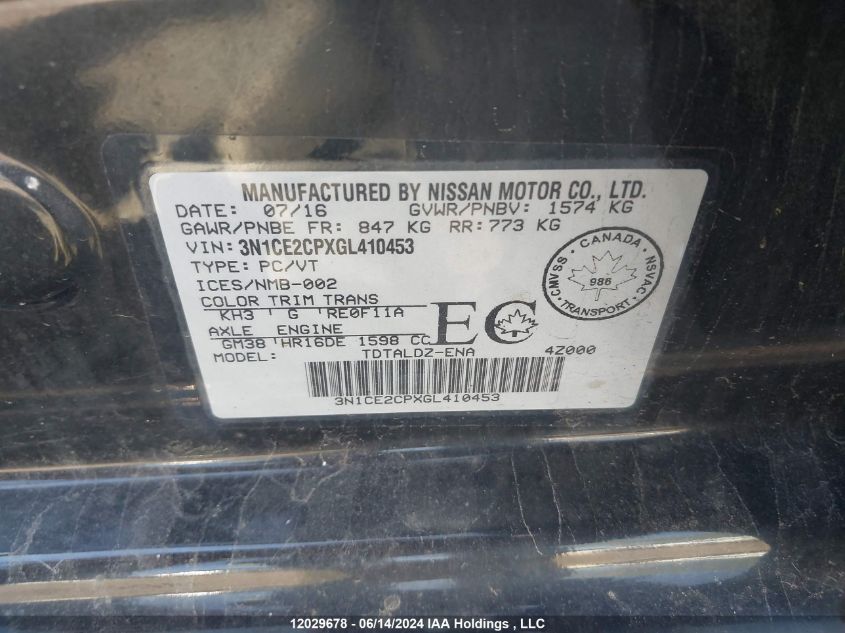 2016 Nissan Versa Note VIN: 3N1CE2CPXGL410453 Lot: 12029678