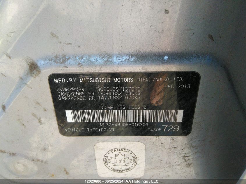 2014 Mitsubishi Mirage Es VIN: ML32A4HJ0EH016303 Lot: 12029680